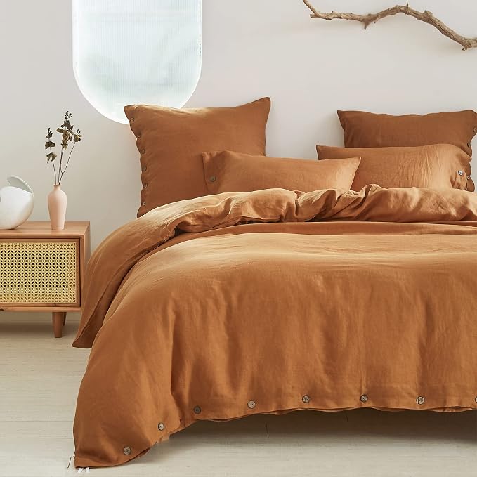 Simple&Opulence 100% Linen Duvet Cover Set 3pcs with Coconut Button Closure Natural French Washed Flax Solid Color Soft Breathable Farmhouse Bedding - Rust, Full Size