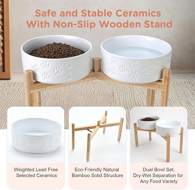 SPUNKYJUNKY Elevated Dog Bowls Ceramic, 8.3'' Dogs Food Water Bowls Raised with Non-Slip Bamboo Stand for Large Sized Breed Microwave Dishwasher Safe - 60 OZ,Paw White