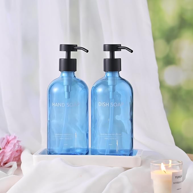 Glass Kitchen Soap Dispenser Set with Ceramic Tray,16.9 floz Hand and Dish Soap Dispenser for Kitchen and Bathroom Decor (Blue Bottles + Black Pumps)