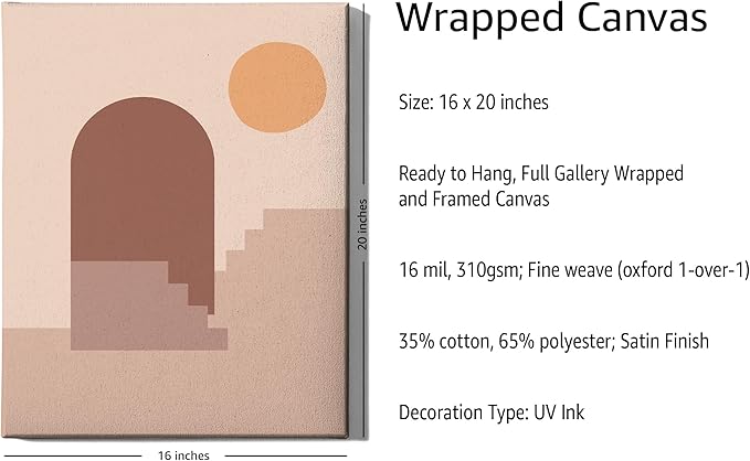 Abstract Architecture Wrapped Canvas Wall Art Archway Stairs Sun Geometric Earth Tones Terracotta 16x20 Inch Gallery Stretched Mid Century Modern Home Art