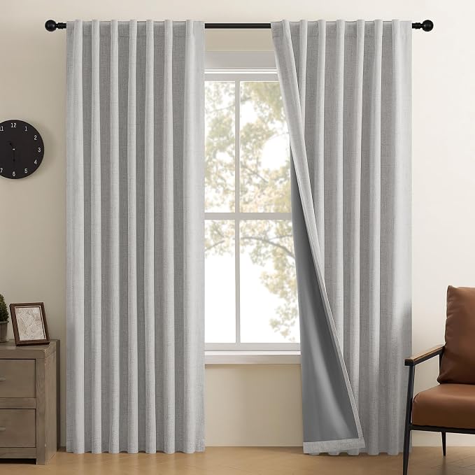 CUCRAF Linen 100% Blackout Curtains 108 Inch Length 2 Panels Set, Back Tab and Rod Pocket Curtain for Living Room Bedroom, Room Darkening Window Drapes Thermal Insulated, (52x108 inch, Greyish White)