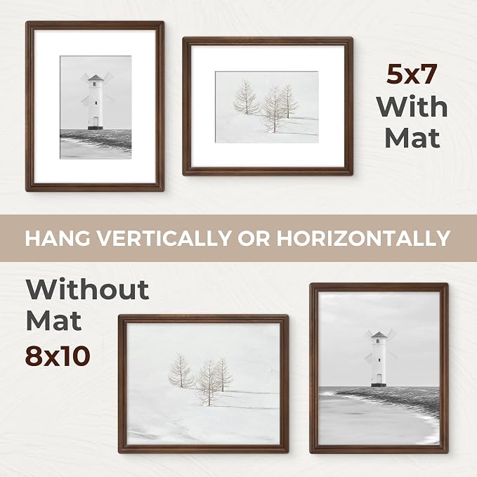 8x10 Picture Frame with Mat for 5x7, USA-Sourced Natural Walnut Wood Handcrafted Rounded Corner with HD Tempered Glass, 8 x 10 Photo Frames Gallery Wall & Tabletop, Vertical or Horizontal Display