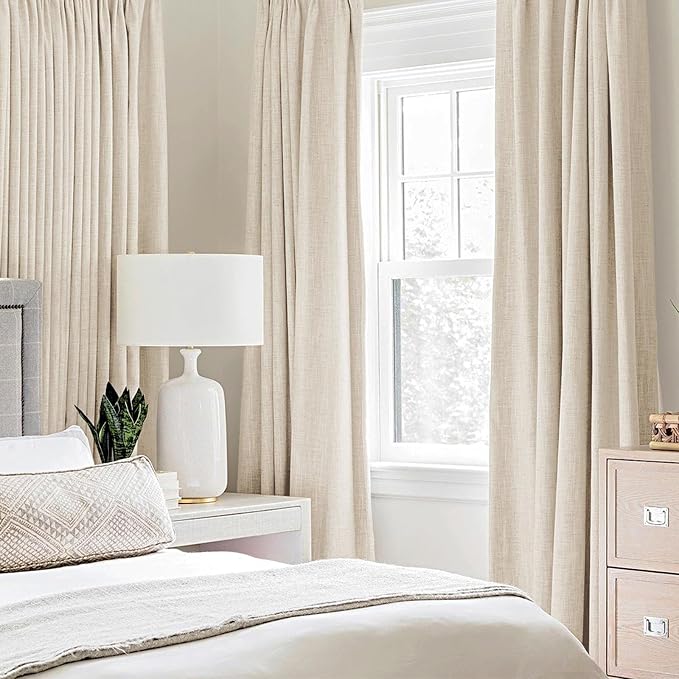 MIULEE 100% Blackout Linen Textured Curtains for Bedroom Solid Thermal Insulated Cream Beige Grommet Room Darkening Curtains & Drapes Luxury Decor for Living Room 52 x 72 Inch (2 Panels)
