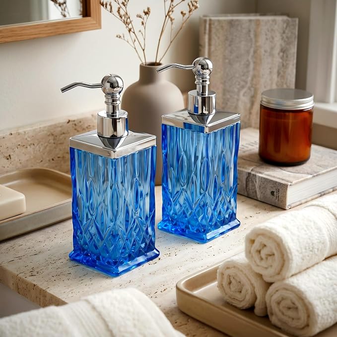 2 Pack 10 Oz Glass Soap Dispenser with Rustproof Stainless Steel Pump,Blue Square Textured Refillable Hand Soap Dispenser with Vertical Fluting for Lotion, Soap,Body Wash, Kitchen & Bathroom Organizer