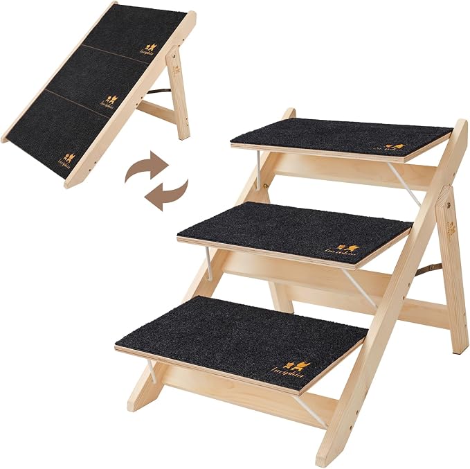 Luciphia Wooden 2-in-1 Dog Stairs, 3-Step Foldable Anti-Slip Pet Steps
