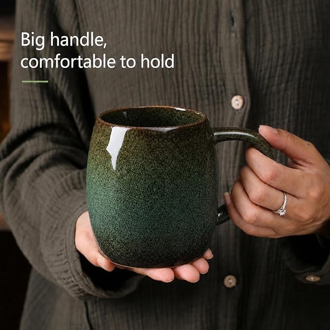 21oz Large Handmade ceramic Mug, Big Ceramic Tea Cup, Durable and Heavy Microwave and Dishwasher Safe Pottery Coffee Mug with Handle, Reactive Glaze Stoneware Clay coffee mug (Dark Green and Blue)
