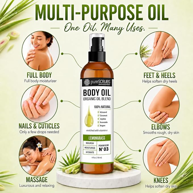 pureSCRUBS Ultra Moisturizing Lemongrass Body Oil for Dry Skin, 4 oz | Luxurious After Shower Body Oil for Soft, Silky, Glowing Skin, Non-Greasy, Fast Absorbing & Hydrating Formula with Vitamin E