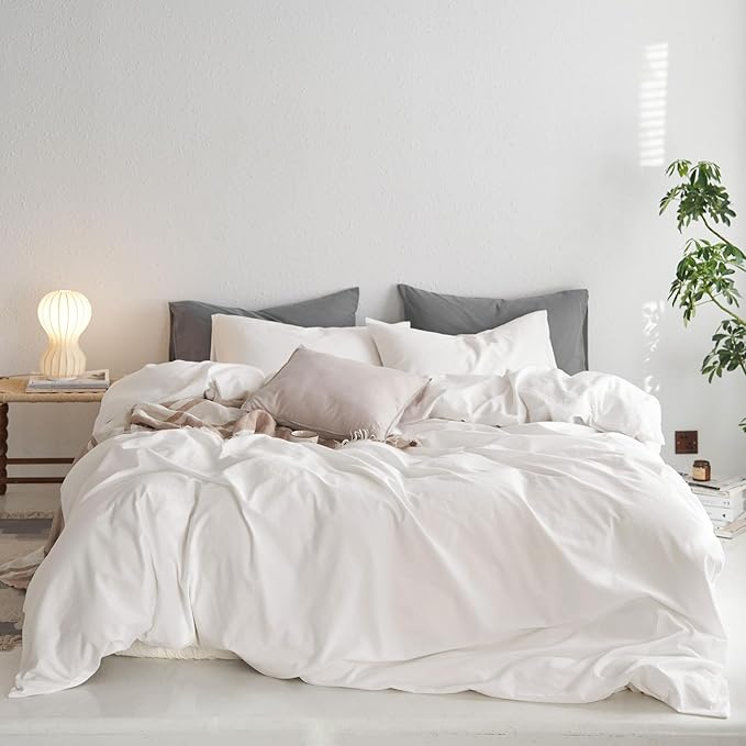 MooMee California King Duvet Cover Set, 100% Washed Cotton Linen Like Twill Thick Sturdy Material Super Soft Breathable Durable Bedding for All Season, 3 Pieces (Off White, Cal King 104"x98")