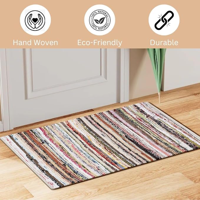 WeWove Hand Woven Chindi Rug Cotton - Boho Rustic Farmhouse Area Accent Throw Rug - Area Floor Carpet for Bedroom Living Room Kitchen Dorm Entryway Hallway - 20x32 inch Area Rug Pastel Multicolor
