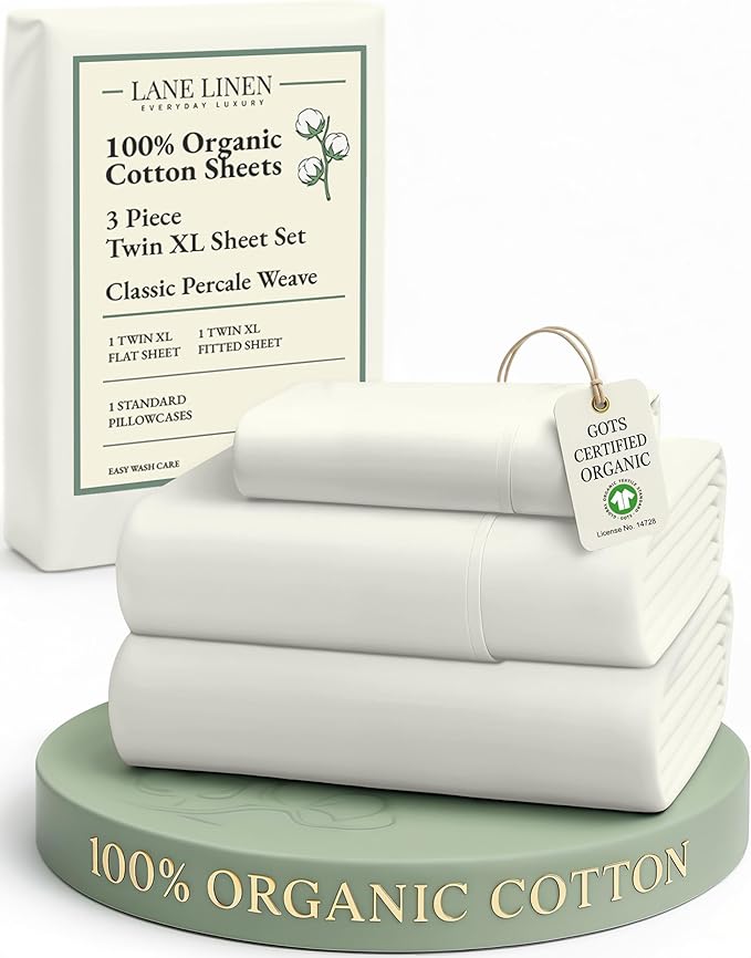 LANE LINEN 100% Organic Cotton Twin XL Sheets Set 3-Piece Pure Percale Soft Bedding Breathable Fits Mattress Upto 15" Deep - Glacier Grey