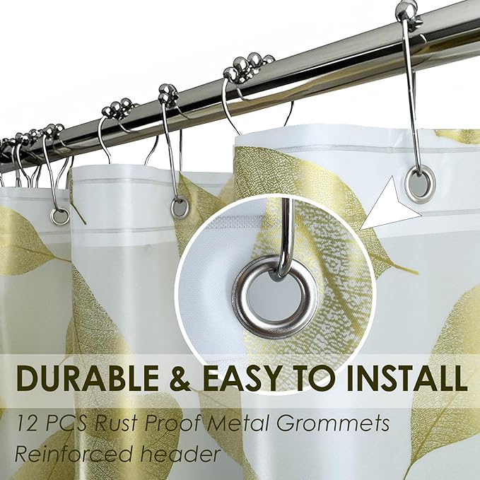 Plastic Shower Curtain Liner, Waterproof Printed PEVA Shower Curtain with Design, Gold Leaf Pattern, Rustproof Grommets, Standard Size 70x72 Bathtub Curtain for Bathroom (Pack of 1)