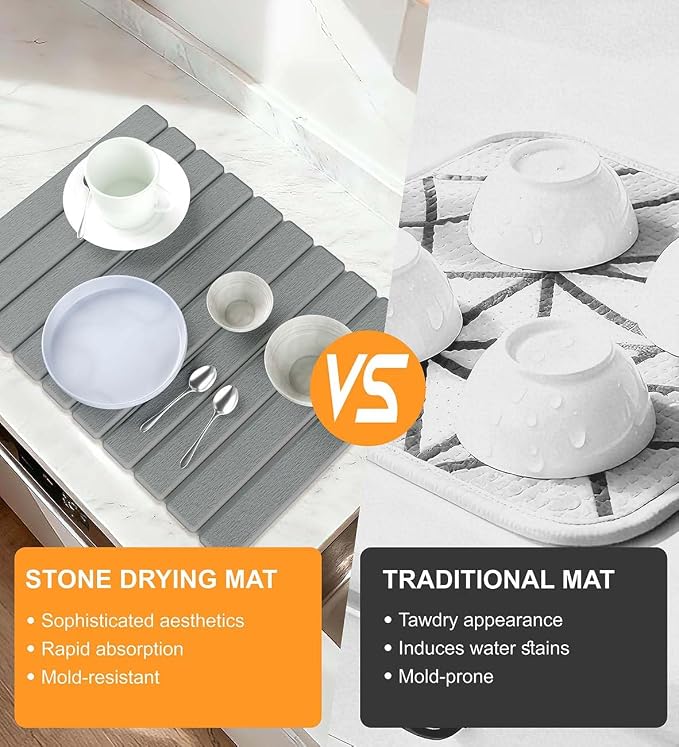 Stone Dish Drying Mat for Kitchen Counter, 24"(L)×16"(W) Collapsible Fast Drying Diatomaceous Earth Mats with Towel Sanding Tool,Versatile Stone Drying Mats for Cups Dishes Bottles Bathroom -Gray