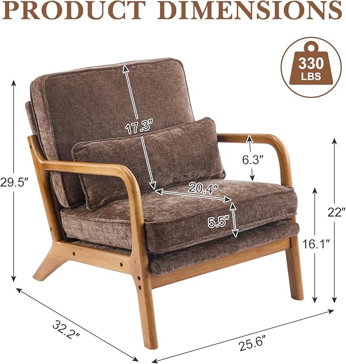 Karl home Mid-Century Modern Accent Reading Chair, Brown | Chenille Upholstered, Solid Wood Frame, Soft Cushion, Lumbar Pillow, Lounge Armchair for Living Room, Bedroom, Balcony, Study
