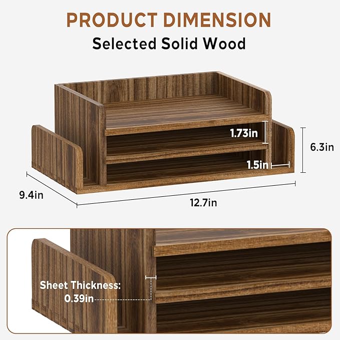 SUPEASY Wooden Desk Organizer, 3-Tier Letter Tray File Organizer with Dual Side Mail Sorter, Solid Wood Desktop Paper Organizer for Office, Home Office, Classroom（Dark Brown）