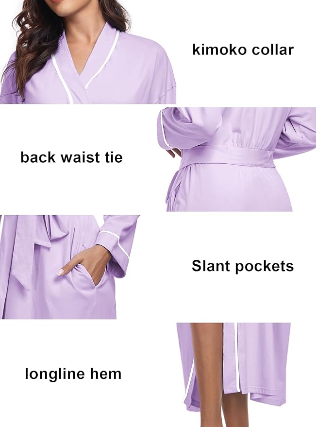 COLORFULLEAF 100% Cotton Women's Robes Summer Lightweight Kimono Soft Long Cotton Bathrobe for Women with Pockets