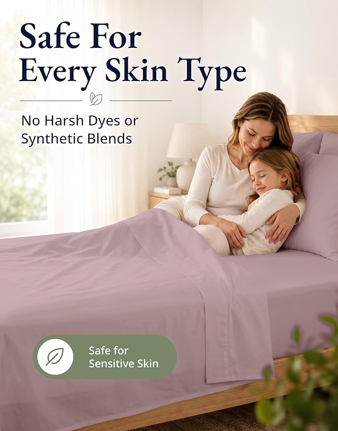 LANE LINEN Twin XL Fitted Sheet, 100% Organic Cotton 2-Piece Set (1 Fitted Sheet, 1 Pillowcase), Percale Weave, Bottom Sheet, Soft, Breathable, Fits Mattress Upto 15" Deep - Lilac (No Flat Sheet)