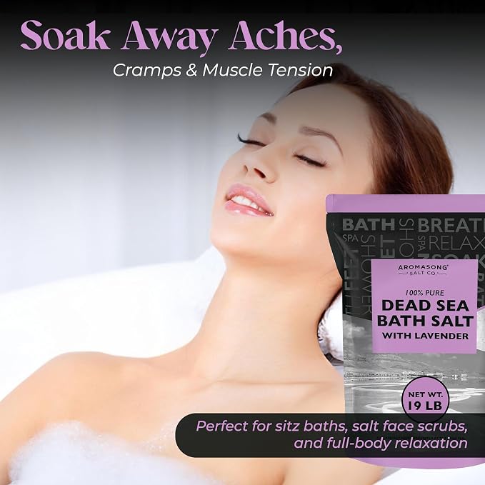Aromasong 19 lb Natural Lavender Dead Sea Salt + 3 lb Aromasong Muscle Recovery Bath Soak Bundle – Ultimate Relaxation & Muscle Relief with Pure Minerals, Magnesium & OptiMSM