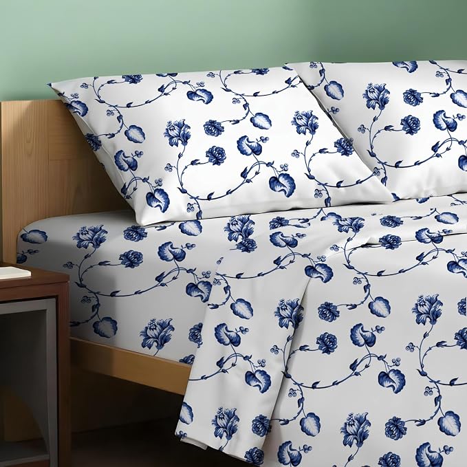 TEXAS LINEN CO. 100% Organic Cotton Sheets Twin XL Size - 3 PC Organic Cotton Percale Printed Sheets Twin XL Set (Floral Blue), Soft, Crisp Bedsheets, 16" Deep Pocket Hotel Bedding - GOTS Certified