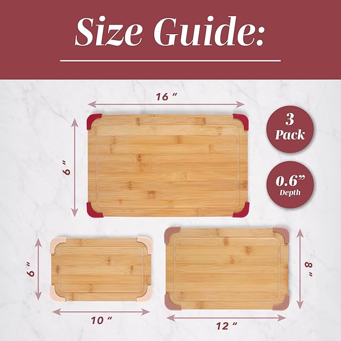 COOK WITH COLOR Non-Slip Cutting Board Set – Kitchen Essentials with Easy Grip Handle for Meat, Veggies, and Fruits, 3 Cutting Boards, Bamboo Non-Slip Rose