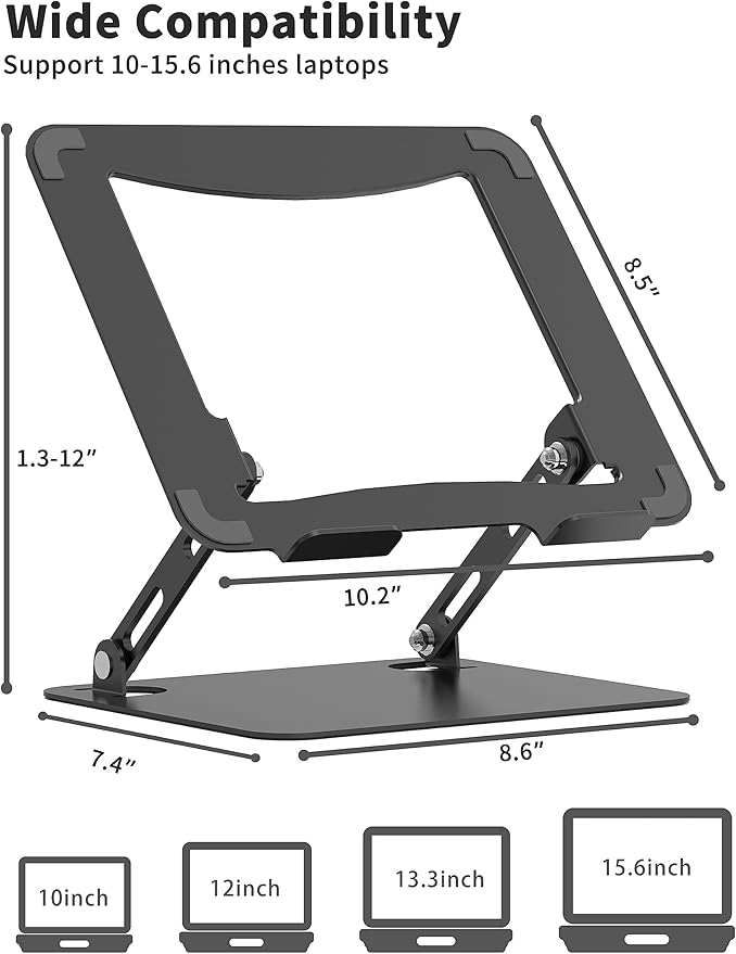 SOUNDANCE Laptop Stand for Desk, Portable Adjustable Laptop Riser, Ergonomic Design Computer Holder, Metal Laptop Mount Elevator Compatible with 10 to 15.6 Inches PC Computer, Black