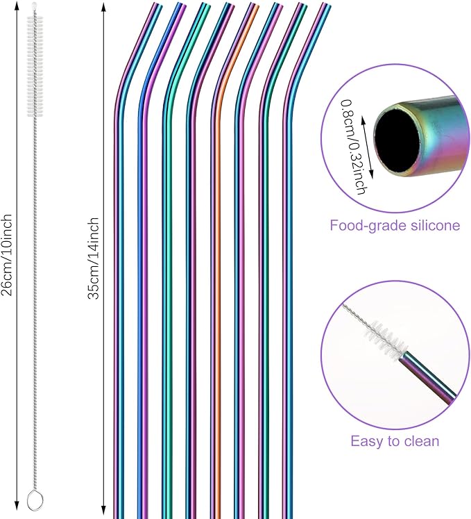 Geiserailie 8 Pieces 14 Inch Reusable Stainless Steel Straws Long Drinking Straws for 100 oz Tumblers, Extra with 4 Pieces Cleaning Brush(Rainbow)