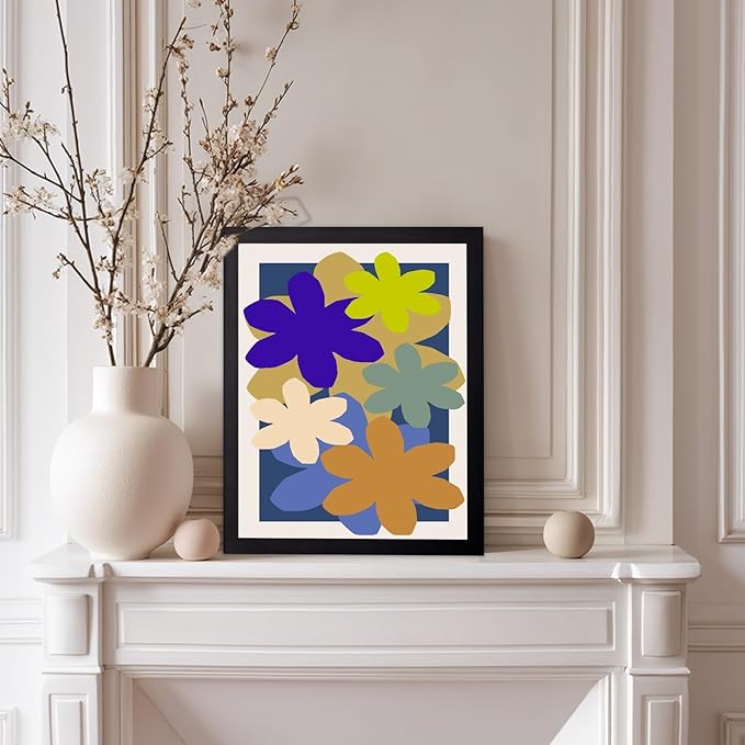 Monem Art Colorful Abstract Floral Shapes Print - Modern Minimalist Flower Art Poster - Wall Decor for Living Room, Bedroom or Office - 8x10 Black Framed Wall Art by Rs Lab Studio