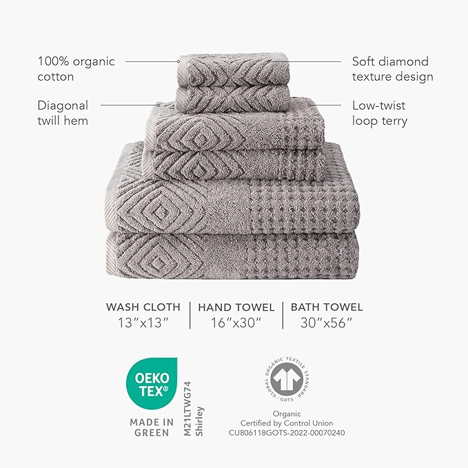 Texere 100% Organic Cotton Jacquard Towel Sets (Black (Diamond), 6 Piece)