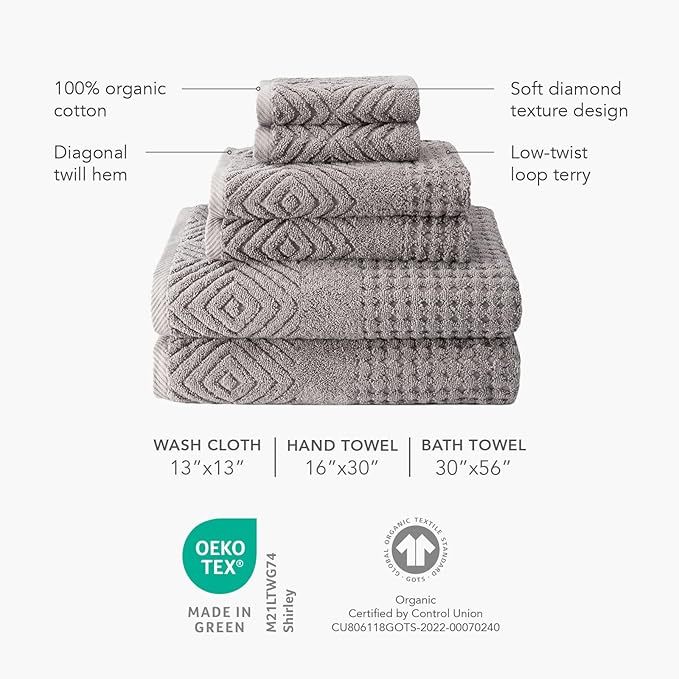 Texere 100% Organic Cotton Diamond Jacquard 700 GSM Luxury Bath Towel Sets - Ultra Soft and Absorbent Hotel and Spa Quality (Diamond, Bright White, 2 Hand & 2 Wash Towels)