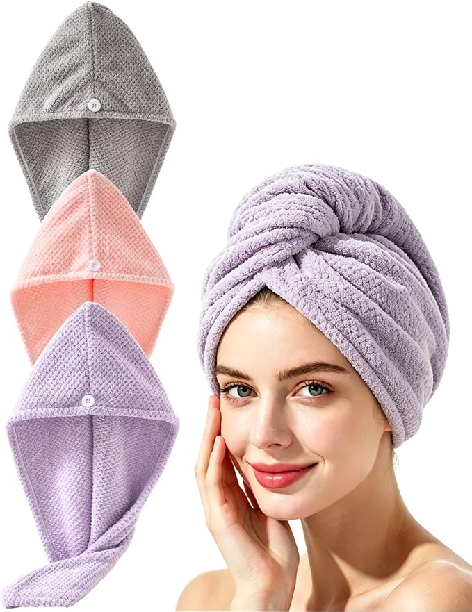 Lumimi Microfiber Hair Towel Wrap 3 Pack for Women Extra Absorbent Lightweight Turban with Button Bathroom Girl Friend Family Mom Gift(3 Colors C)