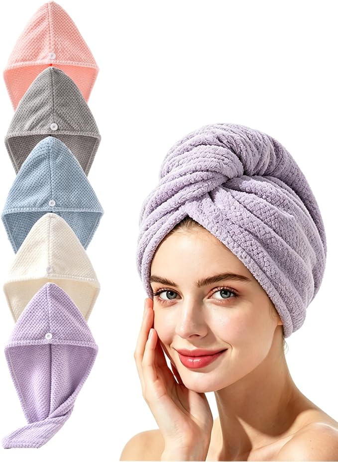 Lumimi Microfiber Hair Towel Wrap 4 Pack for Women Super Absorbent Quick Dry Turban with Button Closure, Lightweight Hair Towel Cap(5 Colors A)