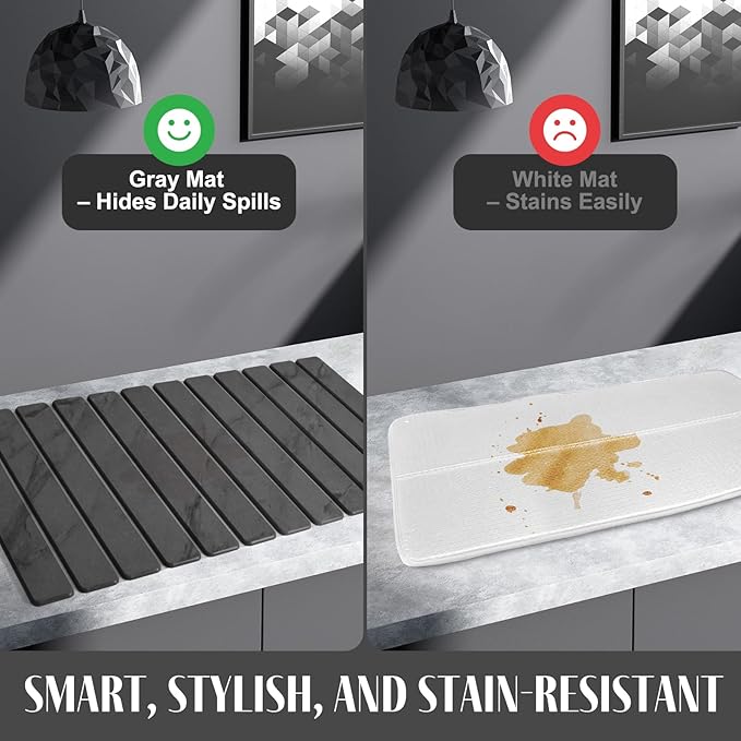 Large Stone Dish Drying Mat for Kitchen Counter, Quick Dry Dish Drying Mats, Foldable Absorbent Diatomaceous Earth Mats for Dishes Bottles Cup, Match Any Countertop (Gray Marble 28"×16" & 8"x4")