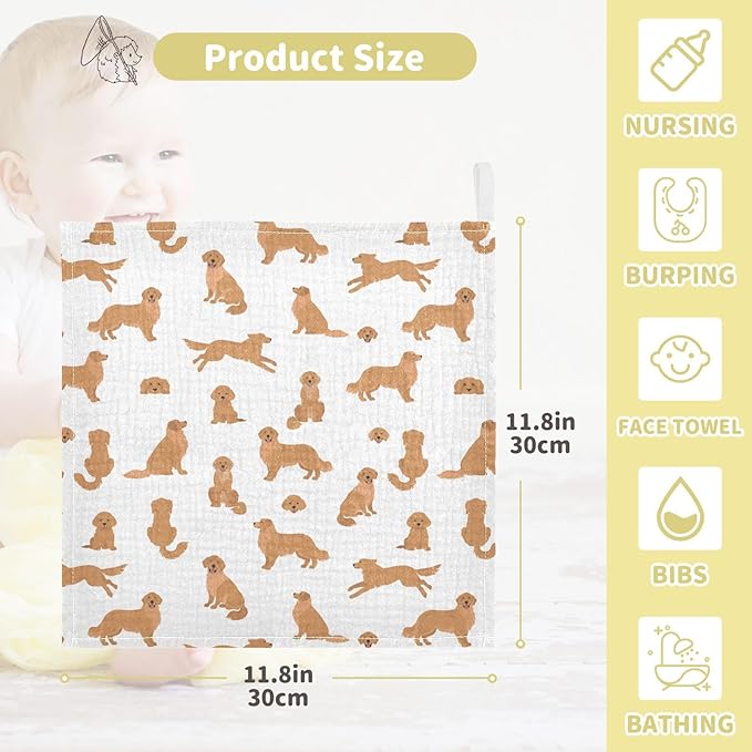 Baby Golden Retriever Dogs Msulin Washcloths Newborn Face Towel - Baby Muslin Burp Cloths 5 Pack Soft Absorbent Natural Cotton Wash Towel 11.8"X11.8" Baby Bath Towels Wipes
