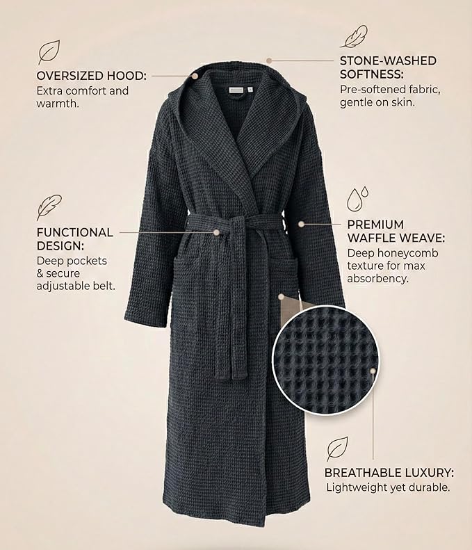 Magic Linen - Unisex Waffle Bathrobe, Hooded Linen-cotton Blend Bath Robe, Lightweight Robe for Women and Men