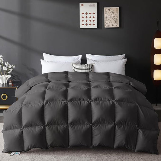 L LOVSOUL Goose Feather Down Fiber Comforter King Size, 100% Organic Cotton Fabric Duvet Insert,1200TC,750+FP, Hotel Collection, Heavyweight Grey Bedding Comforters with 8 Tabs,97oz