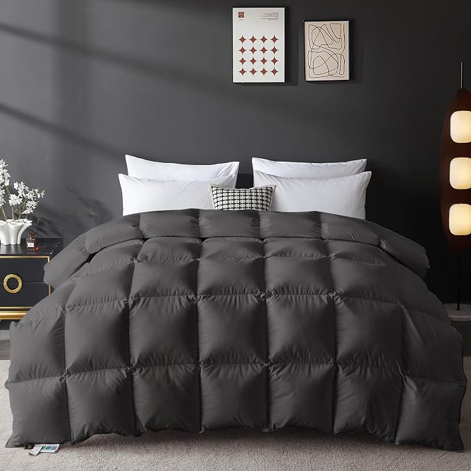 L LOVSOUL Goose Feather Down Fiber Comforter Twin Size, 100% Organic Cotton Fabric Duvet Insert,1200TC,750+FP, Hotel Collection, Heavyweight Grey Bedding Comforters with 8 Tabs,63oz