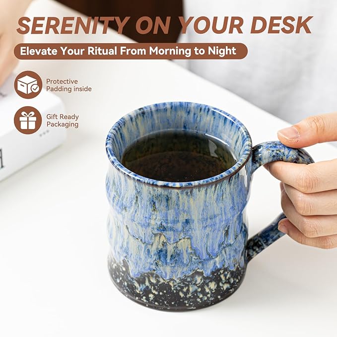 Unique Reactive Glaze Ceramic Coffee Mug - 15 oz Large Coffee Cup with Ergonomic Handle, Deep Sea Blue Ceramic Mug for Office & Home, Great Birthday Gift for Women, Men & Friends