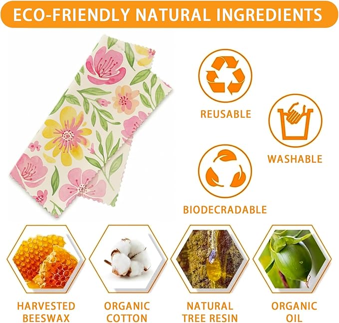 Reusable Beeswax Wraps, 9 Pack Plastic-Free Food Storage, Sandwich, Bread, Fruit Covers, Organic, Sustainable, Zero Waste, Biodegradable, 1XL, 3M, 5S, Pink Flowers and Green Leaves Print