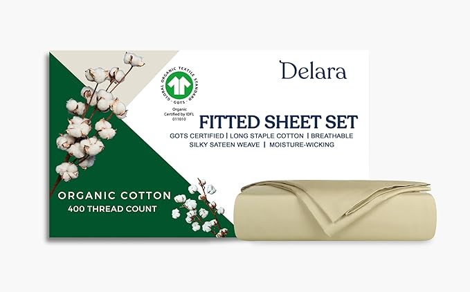 GOTS Certified 100% Organic Cotton Sheets, 400TC Long Staple Cotton, Ultra Soft Silky, Moisture-Wicking, Smooth & Breathable, with Elasticized Deep Pocket