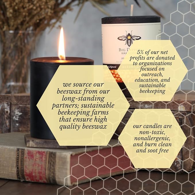 Big Dipper Wax Works Black Pillar Candle, 60-Hour Long Burn, Pure Beeswax Candle, 3" x 3.5”