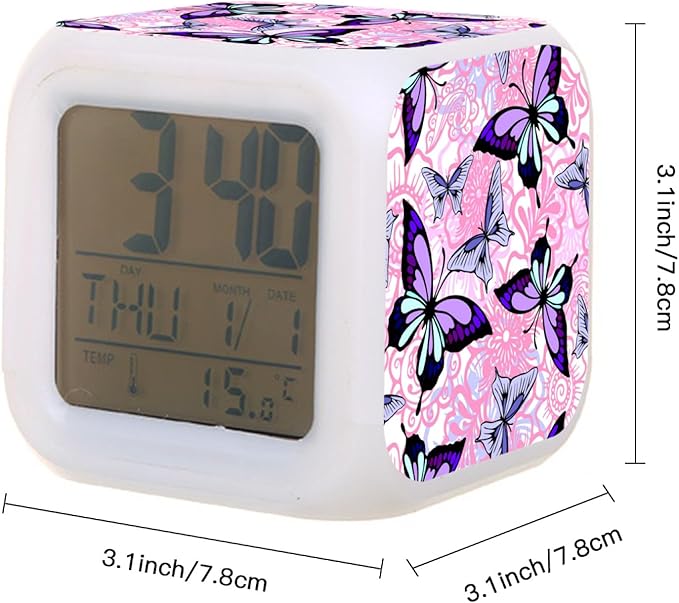Digital Alarm Clock,Purple Butterflies with Pink Florals 7 Color Change LED Digital Alarm Clock with Date Thermometer for Toddlers,Girls and Boys
