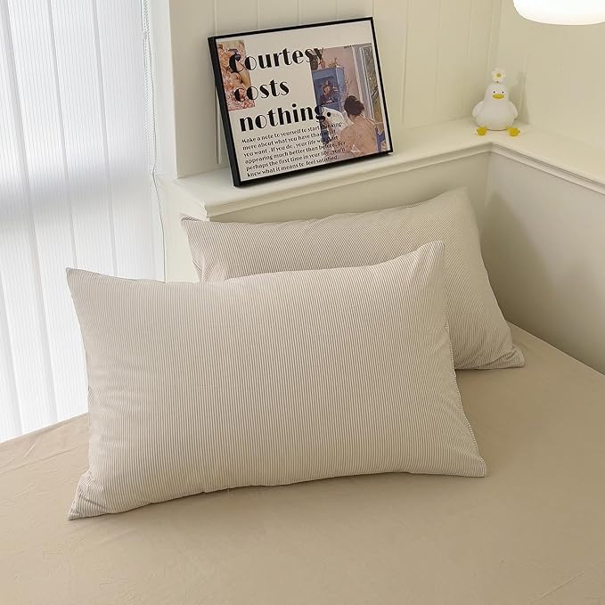 mixinni Tan Striped Duvet Cover King Size - 100% Washed Cotton Beige Pinstripe Comforter Cover with Zipper Closure, Lightweight & Breathable, 3 Pieces Minimalist Stripes Pattern Printed Bedding Set