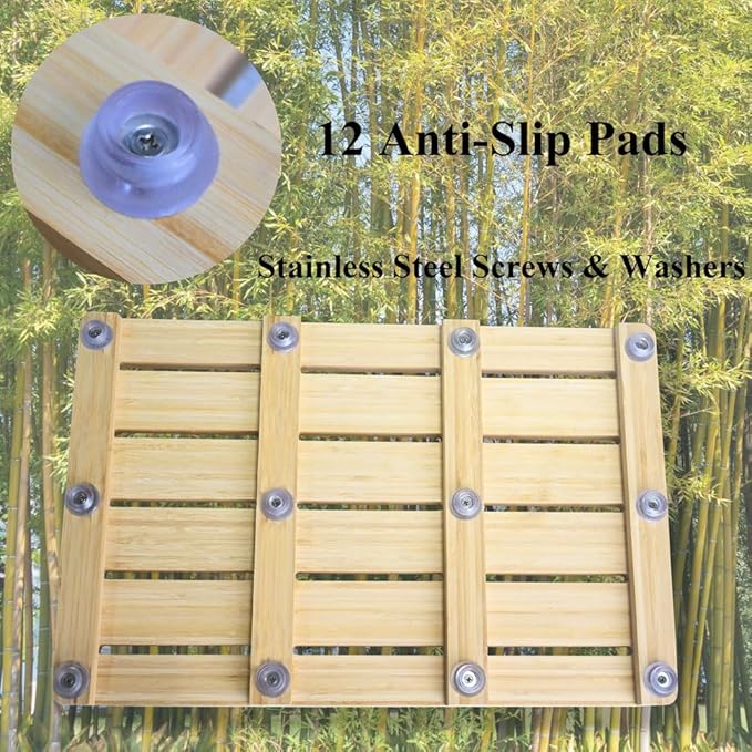 Bamboo Shower Mat 26.5 x 17.5 x 1.7, Solid Slatted Wooden Bath Mat, No Coating, One-Piece Design, Non-Slip Surface for Bathroom, Spa, Indoor Entryway, Available in 3 Sizes