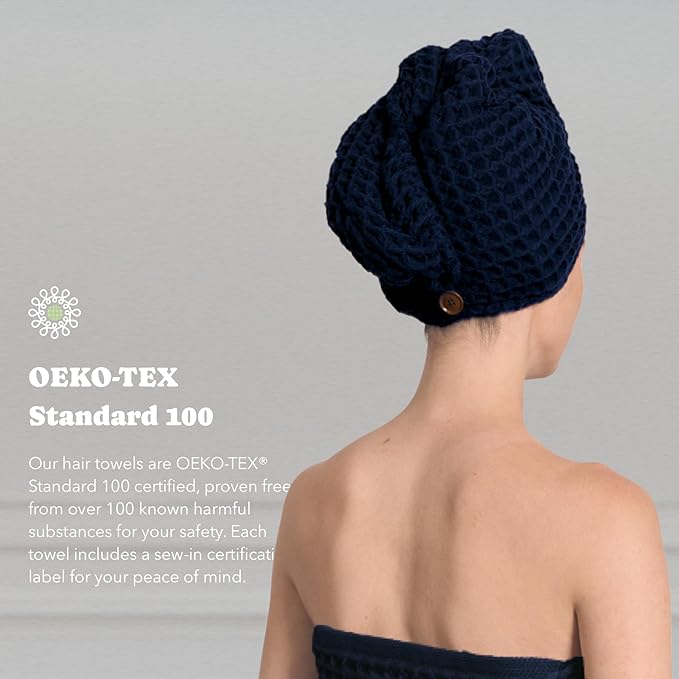 Luxury Organic Japanese Cotton Hair Drying Waffle Towel Wrap for Women | Absorbent, Quick-Dry Head Turban for Shower, Sauna, Spa | Extra Large for Long, Curly, Straight Hair With Button (Blue, 1 Pc)