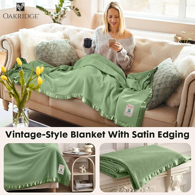 OakRidge Heirloom Merino Wool Blanket – 100% Australian Wool with Vintage Satin Edges – Breathable, Odor-Resistant, All-Season Bedding in King Size – Sage Cozy Throw for Home or Travel