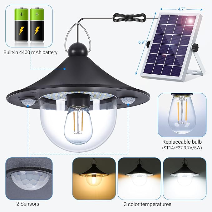ropelux Solar Shed Indoor Outdoor Lights with 3000LM 5 Modes (Daytime Available) 3 Color Temperatures, Waterproof Solar Powered Motion Sensor Pendant Light with Remote for Barn Gazebo, 2 Pack
