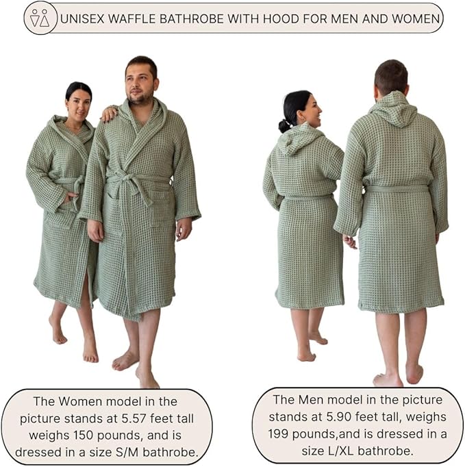 Unisex Hooded Waffle Robe for Women & Men 100% Turkish Cotton | Quick-Dry Bathrobe | Cozy Housecoat for Lounging