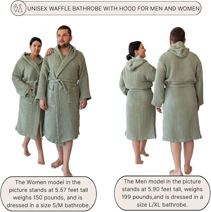 Unisex Hooded Waffle Robe for Women & Men 100% Turkish Cotton | Quick-Dry Bathrobe | Cozy Housecoat for Lounging