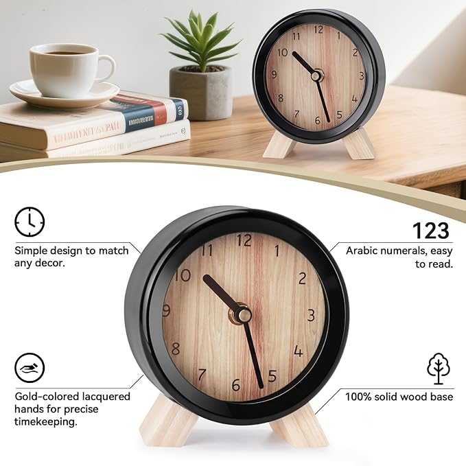 Maxspace Wooden Analog Clock, Small Silent Bedside Desk Clock Battery Operated, Elegant and Decorative Table Clock with Wooden Frame for Living Room, Bedroom, Bedside, Desk (Black)