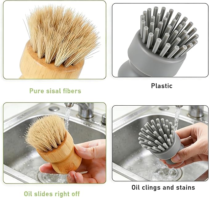 BoAn Bamboo Dish Brush Set with Holder, Natural Kitchen Dish Scrub Brushes with Drain Rack, Dual Bristles for Pots & Dishes, Fast Dry Design with Bonus Magic Cleaning Sponge