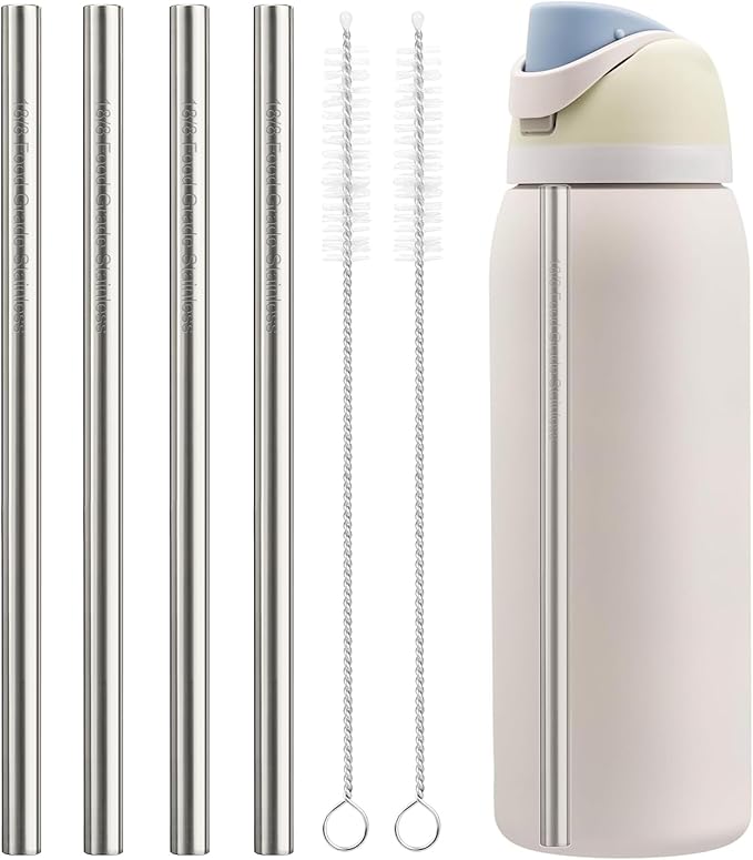 Metal Straw Replacement Set Compatible with Owala Water Bottle 40 Oz, Includes 4 Stainless Steel Straws & 2 Brushes, Premium Accessories for Owala Bottles